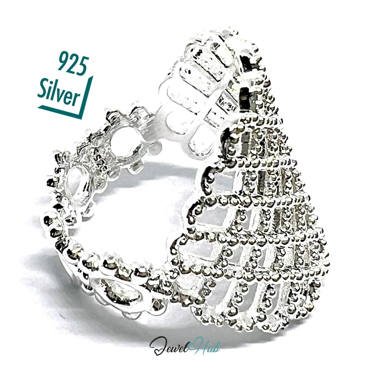 Ornate Lattice Silver Ring | Adjustable 925 Sterling Band with Beaded Texture - JewelHub.co.uk