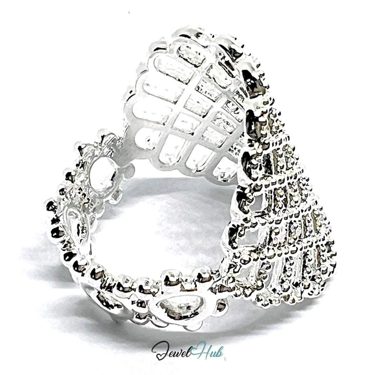 Ornate Lattice Silver Ring | Adjustable 925 Sterling Band with Beaded Texture - JewelHub.co.uk