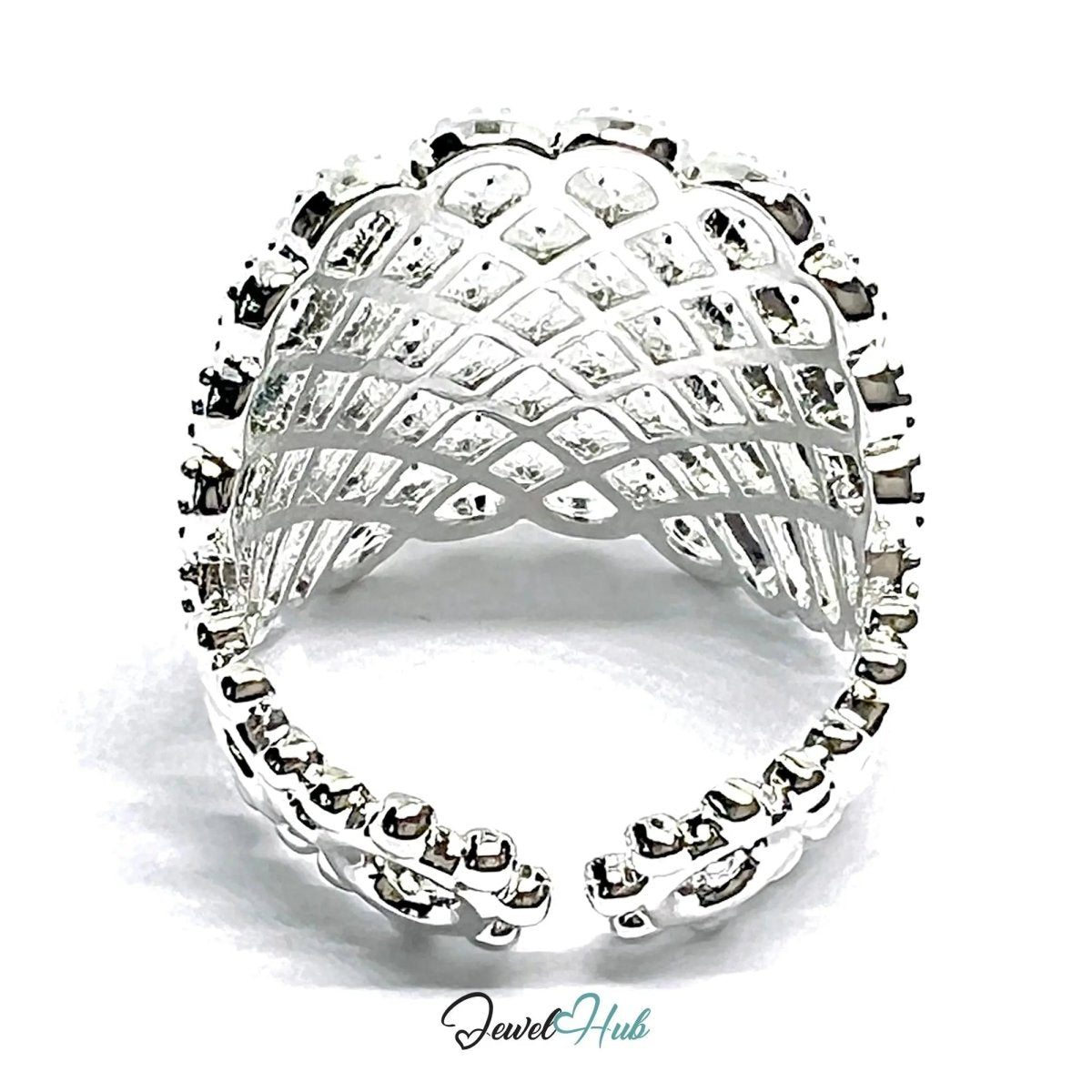 Ornate Lattice Silver Ring | Adjustable 925 Sterling Band with Beaded Texture - JewelHub.co.uk