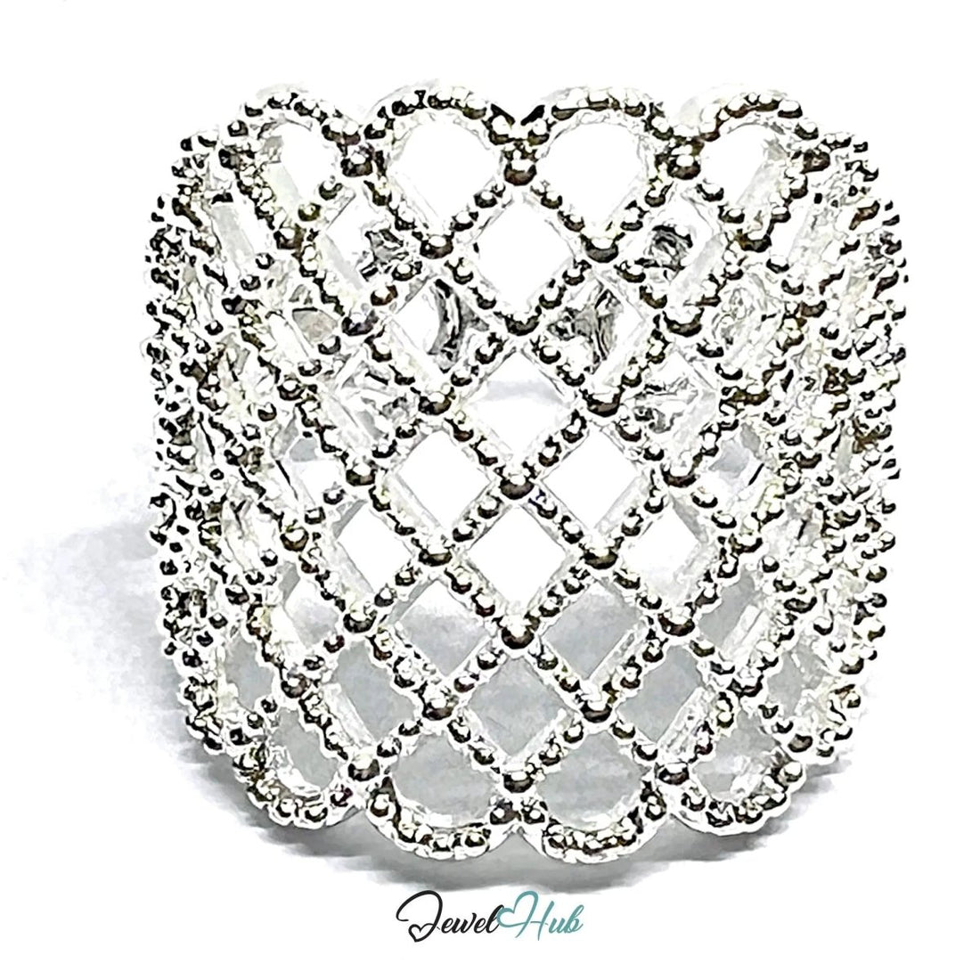 Ornate Lattice Silver Ring | Adjustable 925 Sterling Band with Beaded Texture - JewelHub.co.uk