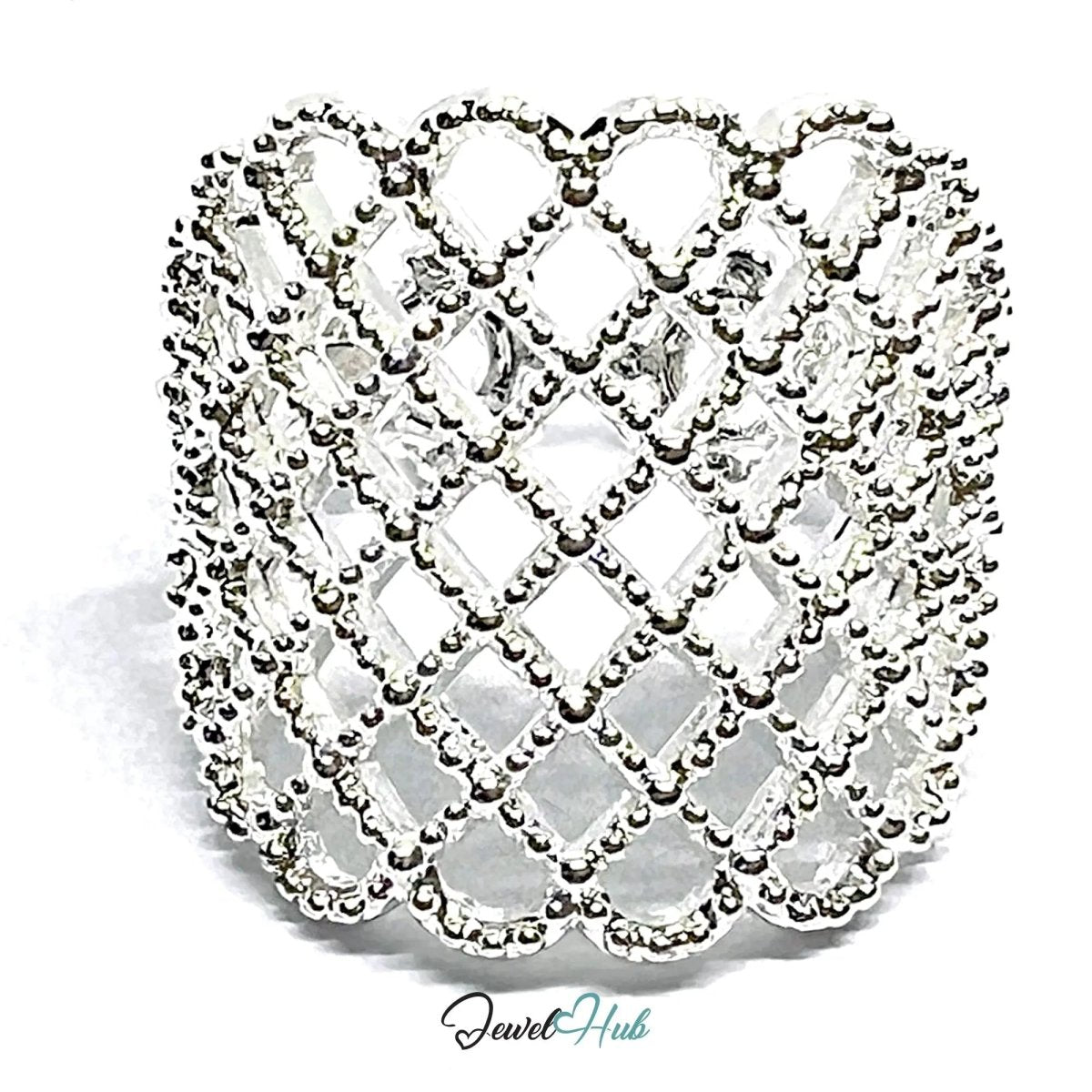 Ornate Lattice Silver Ring | Adjustable 925 Sterling Band with Beaded Texture - JewelHub.co.uk