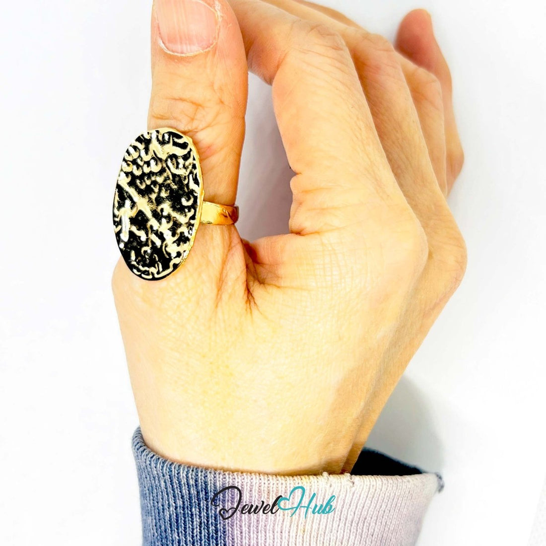 Gold - Plated Oval Ring – Sculptural Texture in Modernist Form | Available in Sizes K & R - JewelHub.co.uk