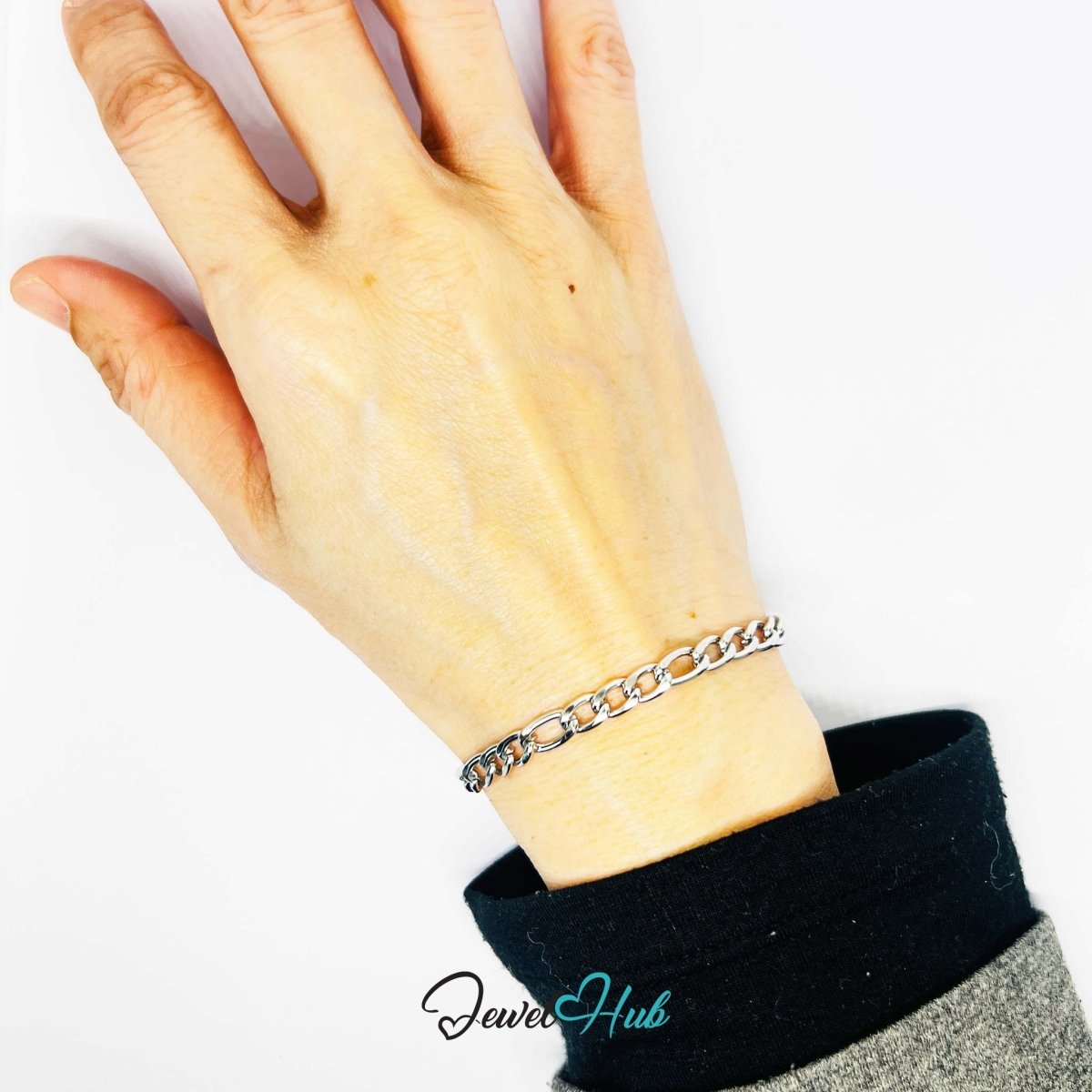 Patterned Curb Chain Stainless Steel Bracelet – Long–Short Links - JewelHub.co.uk