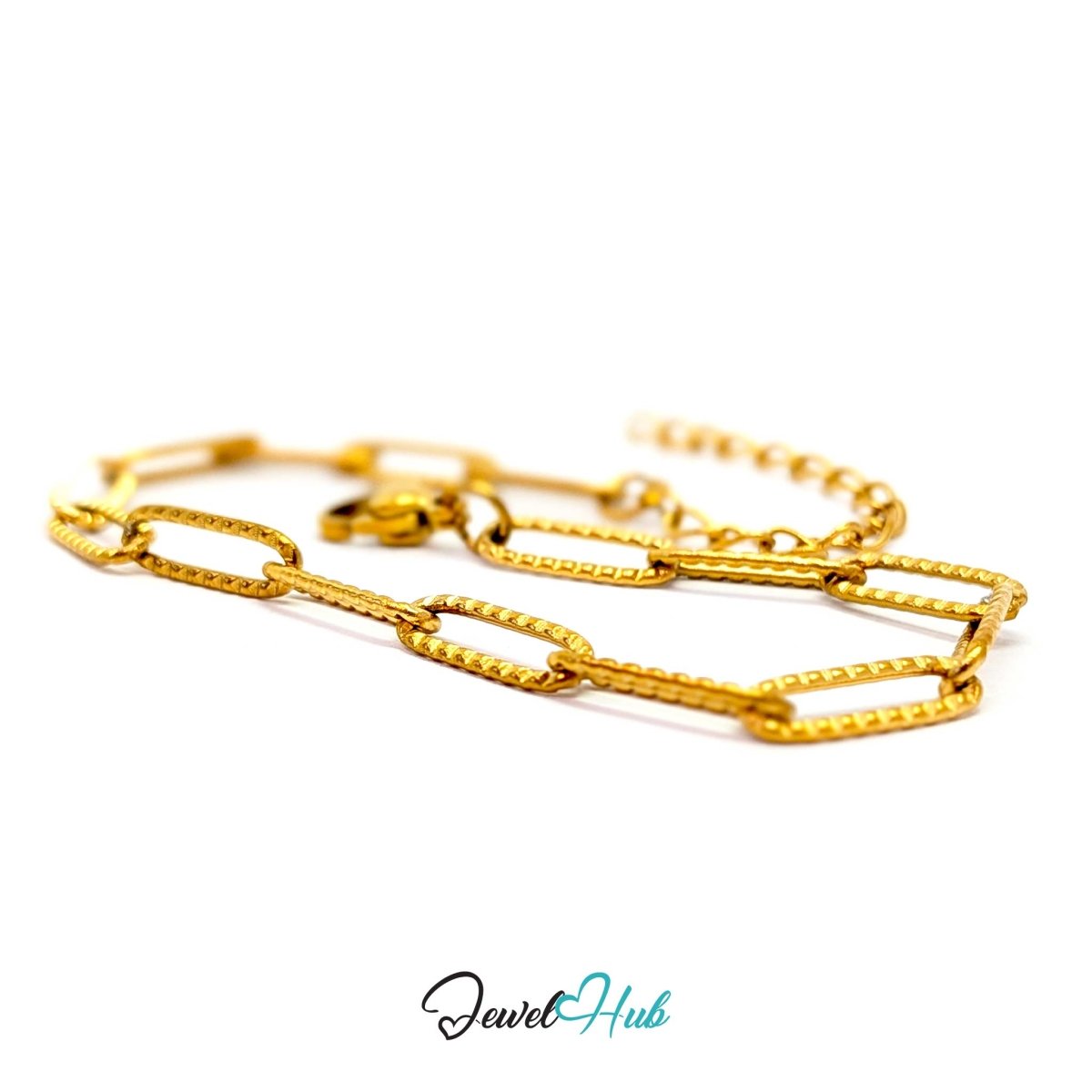 Patterned gold paperclip bracelet showing the lobster clasp and adjustable extender chain - JewelHub
