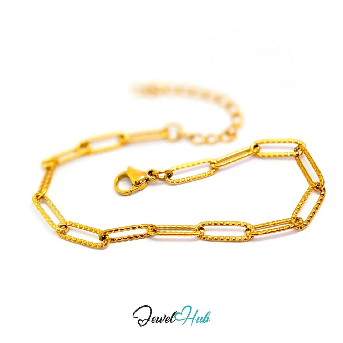 Patterned gold paperclip chain bracelet in stainless steel with milled ridged texture on every link - JewelHub