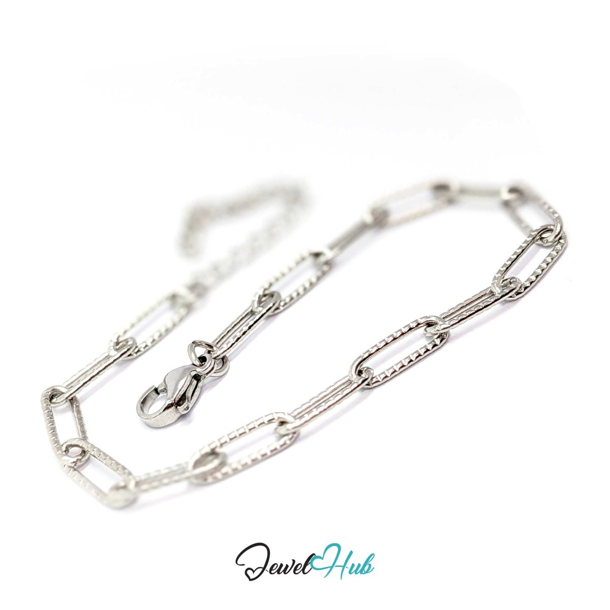 Close view of the milled ridge pattern cut into each 4x12mm silver paperclip link - JewelHub