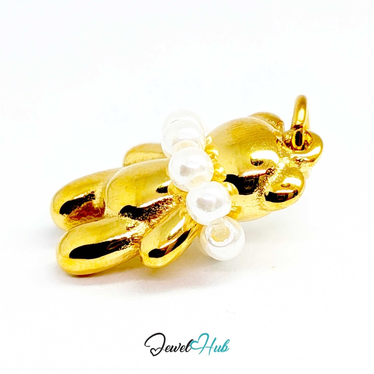 Close-up of the pearl collar and bear face on the gold stainless steel charm - JewelHub
