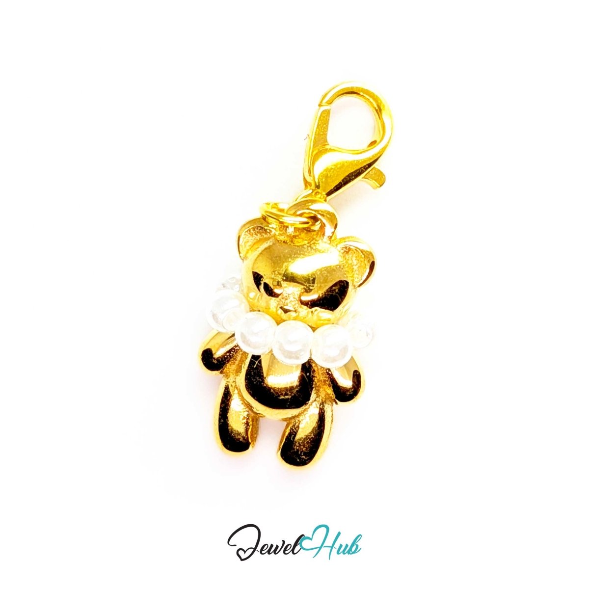 Gold Pearl Collar Bear charm fitted with a lobster clasp, ready to clip onto a bracelet, bag or keyring - JewelHub