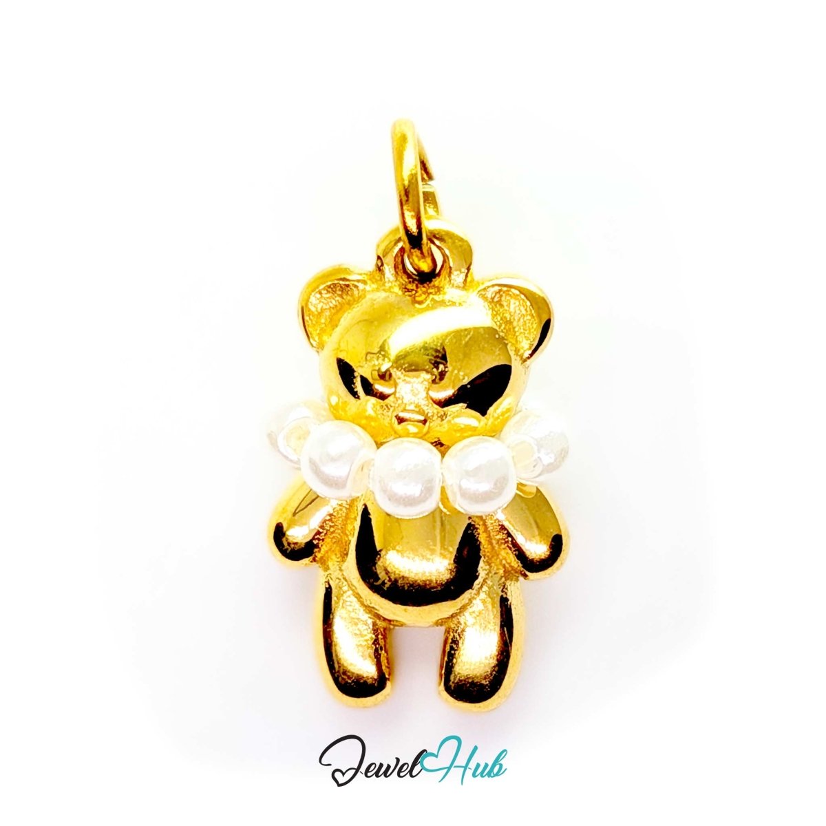 Pearl Collar Bear charm in gold-tone stainless steel with a row of pearls around the neck - JewelHub