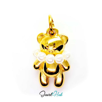 Pearl Collar Bear charm in gold-tone stainless steel with a row of pearls around the neck - JewelHub