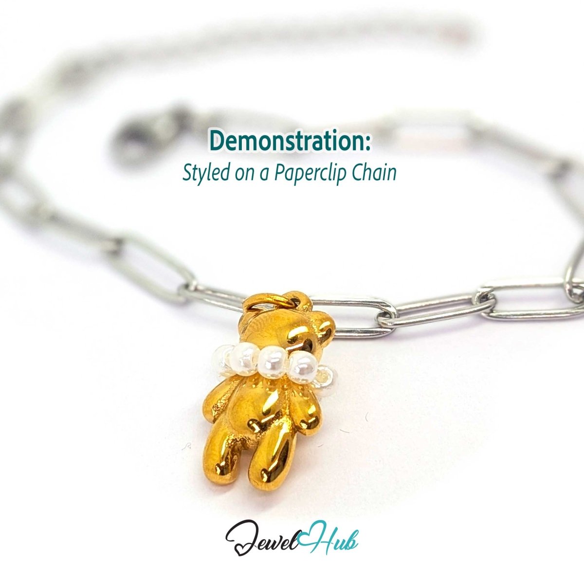 Gold pearl Collar Bear charm styled on a silver paperclip chain bracelet for a two-tone look - JewelHub