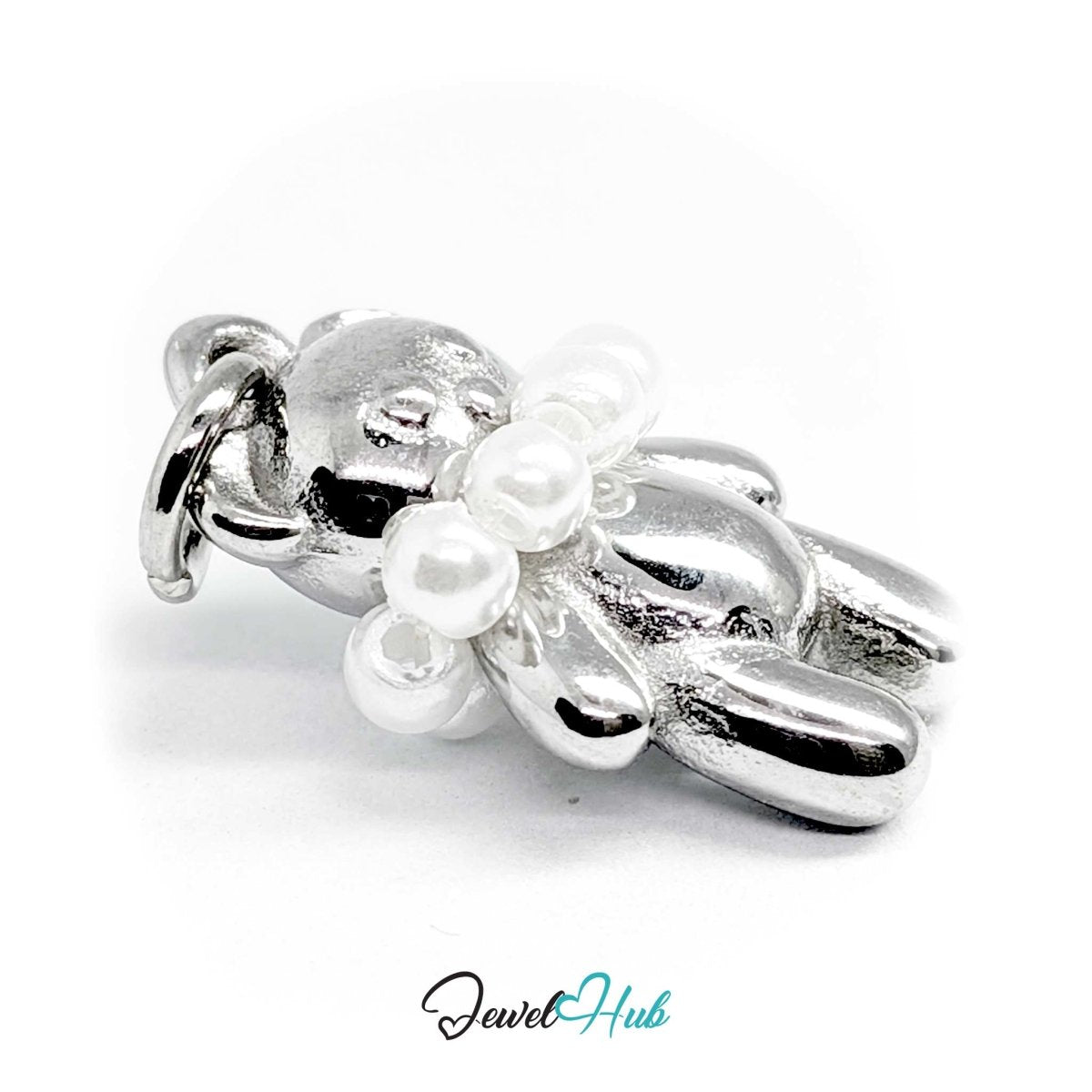 Silver Pearl Collar Bear charm seen from the side, showing the jump ring at the top - JewelHub