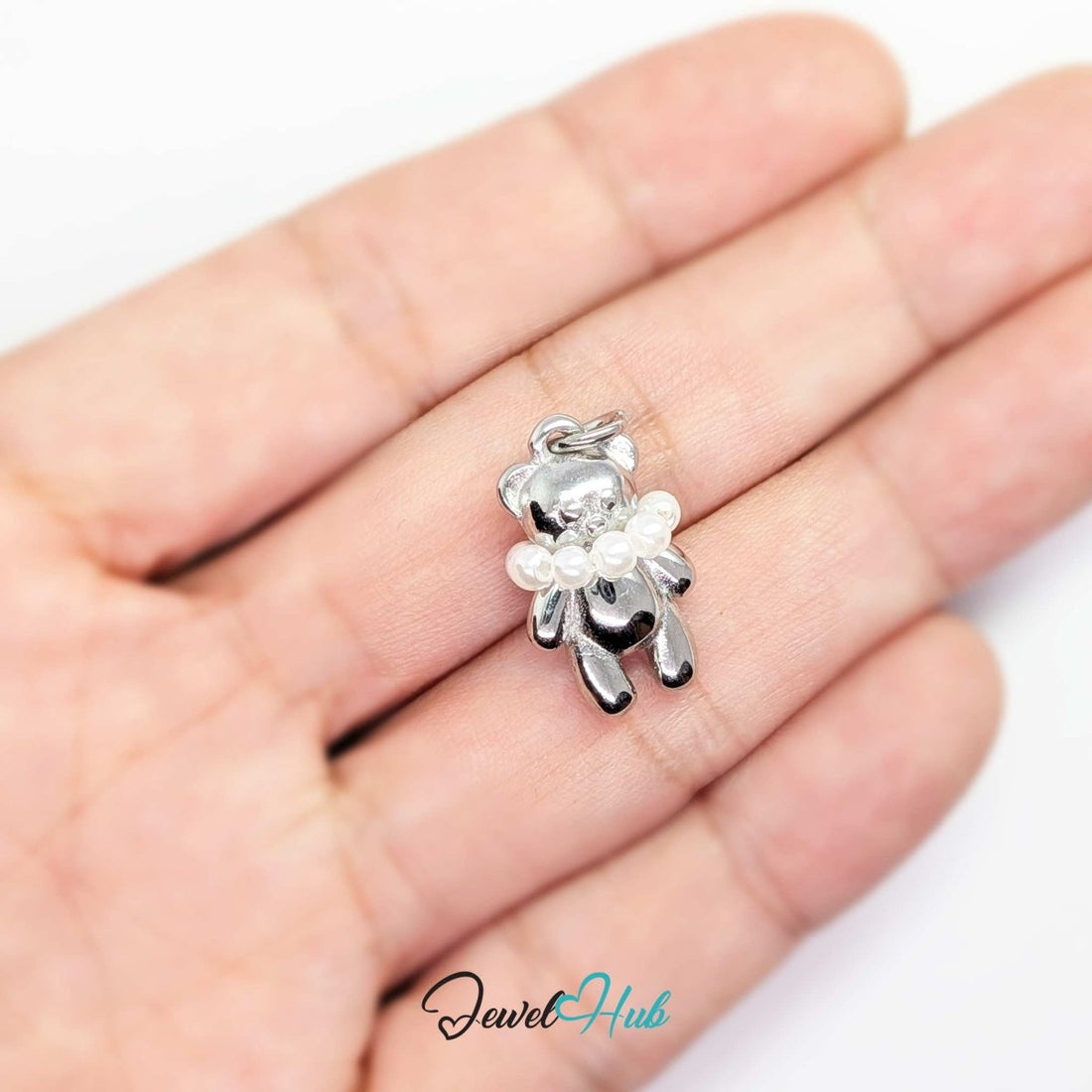 Pearl Collar Bear charm in silver-tone stainless steel with a row of pearls around the neck - JewelHub
