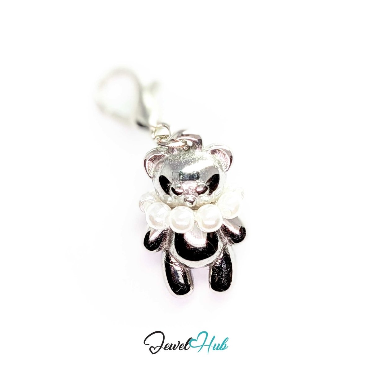 Silver Pearl Collar Bear charm fitted with a lobster clasp, ready to clip onto a bracelet, bag or keyring - JewelHub