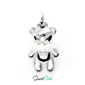 Pearl Collar Bear charm in silver-tone stainless steel with a row of pearls around the neck - JewelHub
