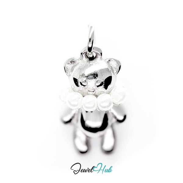 Pearl Collar Bear charm in silver-tone stainless steel with a row of pearls around the neck - JewelHub