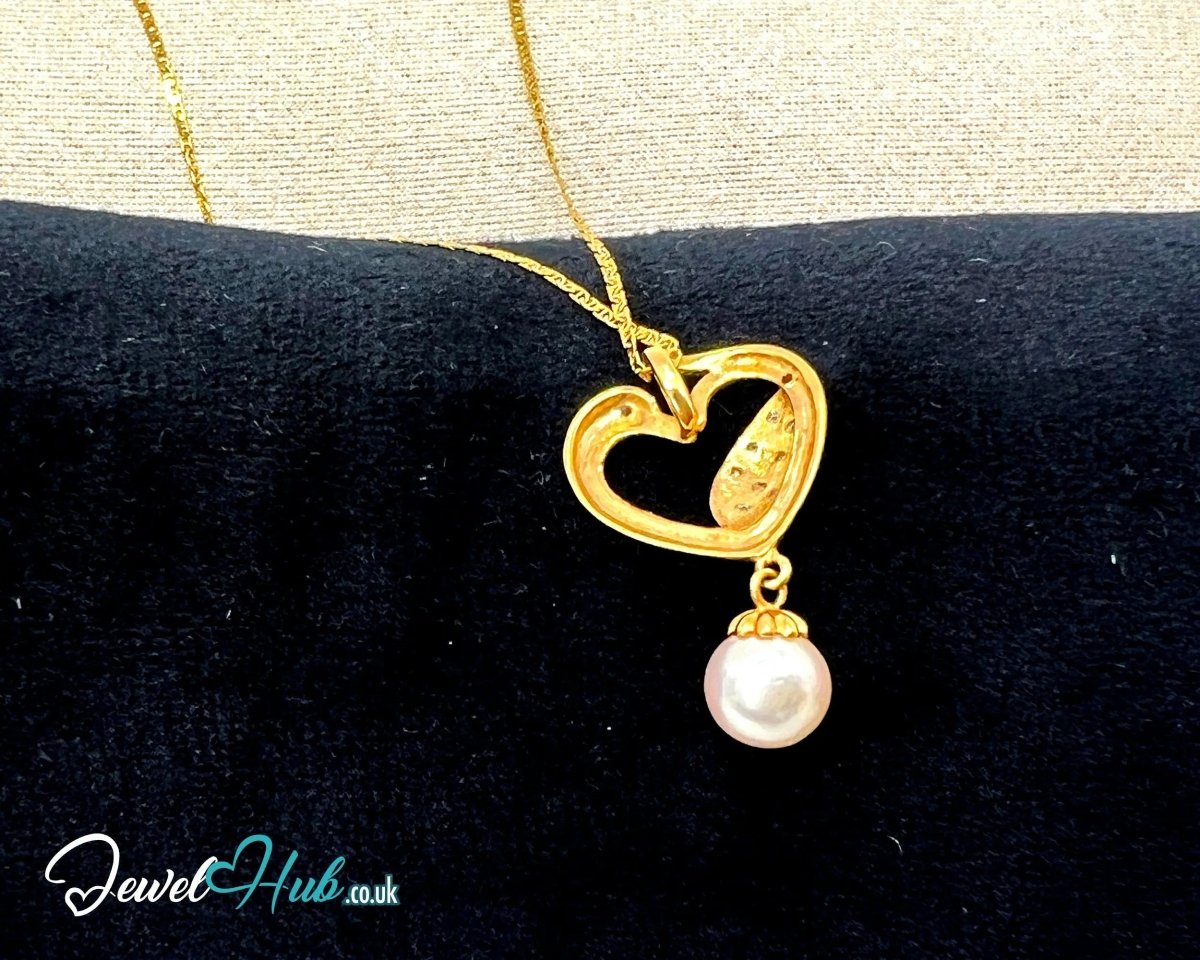 Pearl & Diamond Pendant in 14K Gold (Heartleaf Edition) - JewelHub.co.uk