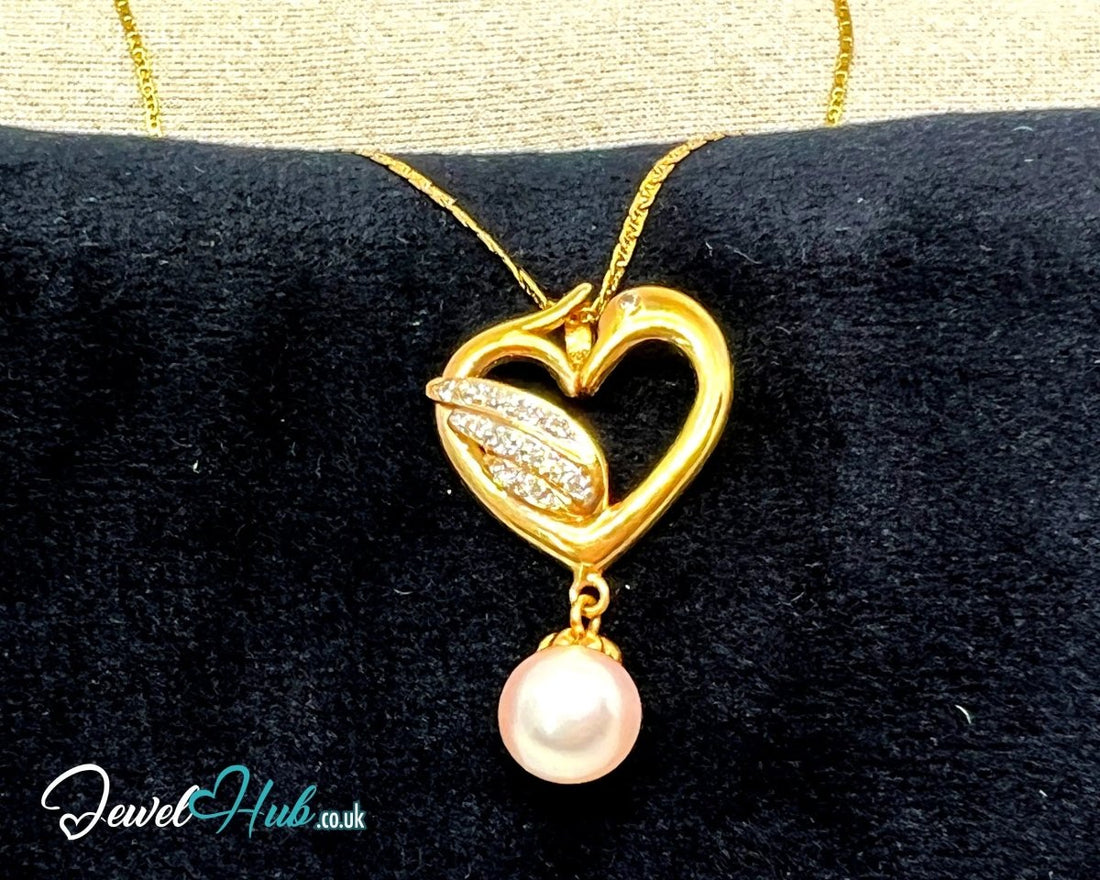 Pearl & Diamond Pendant in 14K Gold (Heartleaf Edition) - JewelHub.co.uk