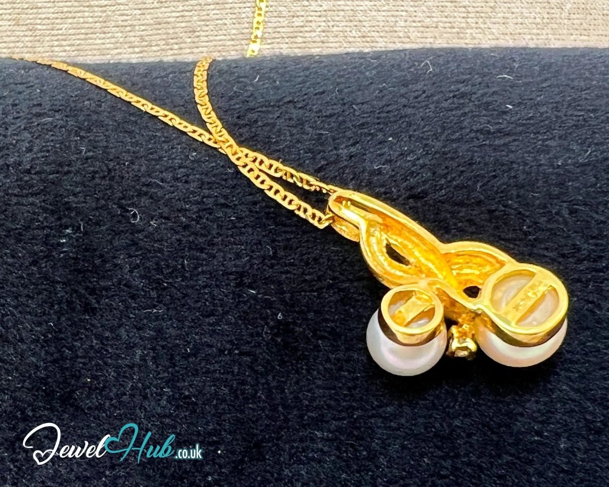 Pearl & Diamond Pendant - Twin Pearl Drop Pendant with Diamond in Solid 18K Gold - JewelHub.co.uk