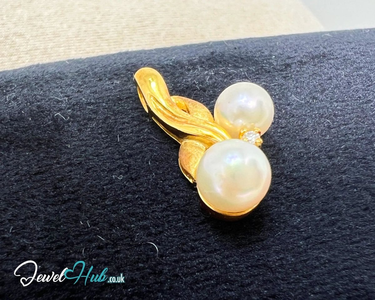 Pearl & Diamond Pendant - Twin Pearl Drop Pendant with Diamond in Solid 18K Gold - JewelHub.co.uk