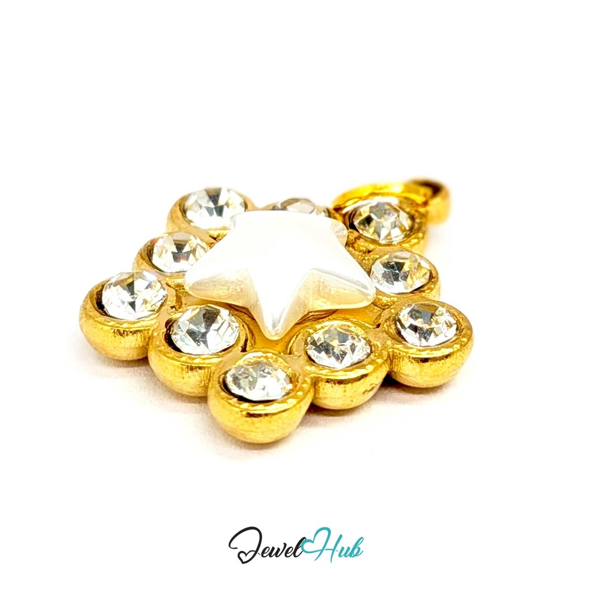 Pearl Star Halo Charm - Gold Stainless Steel 10 Crystals - 17x19.5mm
