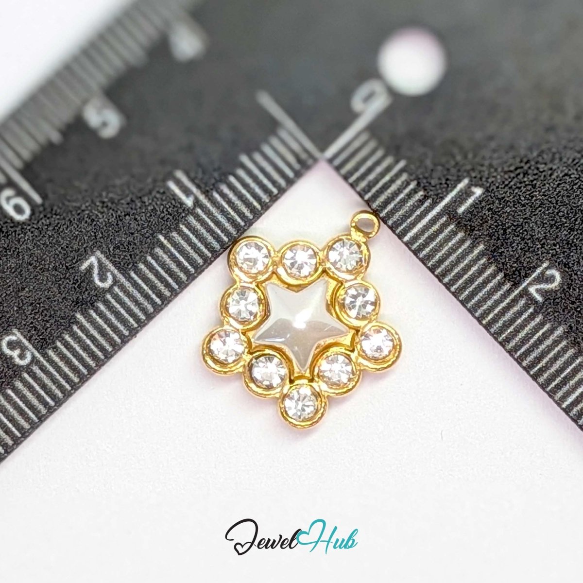 Pearl Star Halo Charm - Gold Stainless Steel 10 Crystals - 17x19.5mm