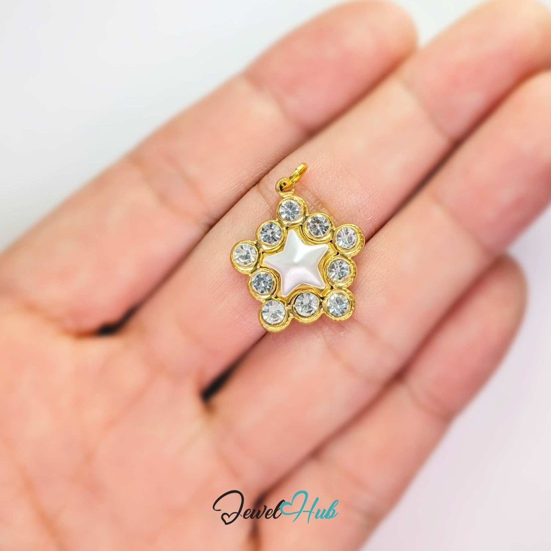 Pearl Star Halo Charm - Gold Stainless Steel 10 Crystals - 17x19.5mm
