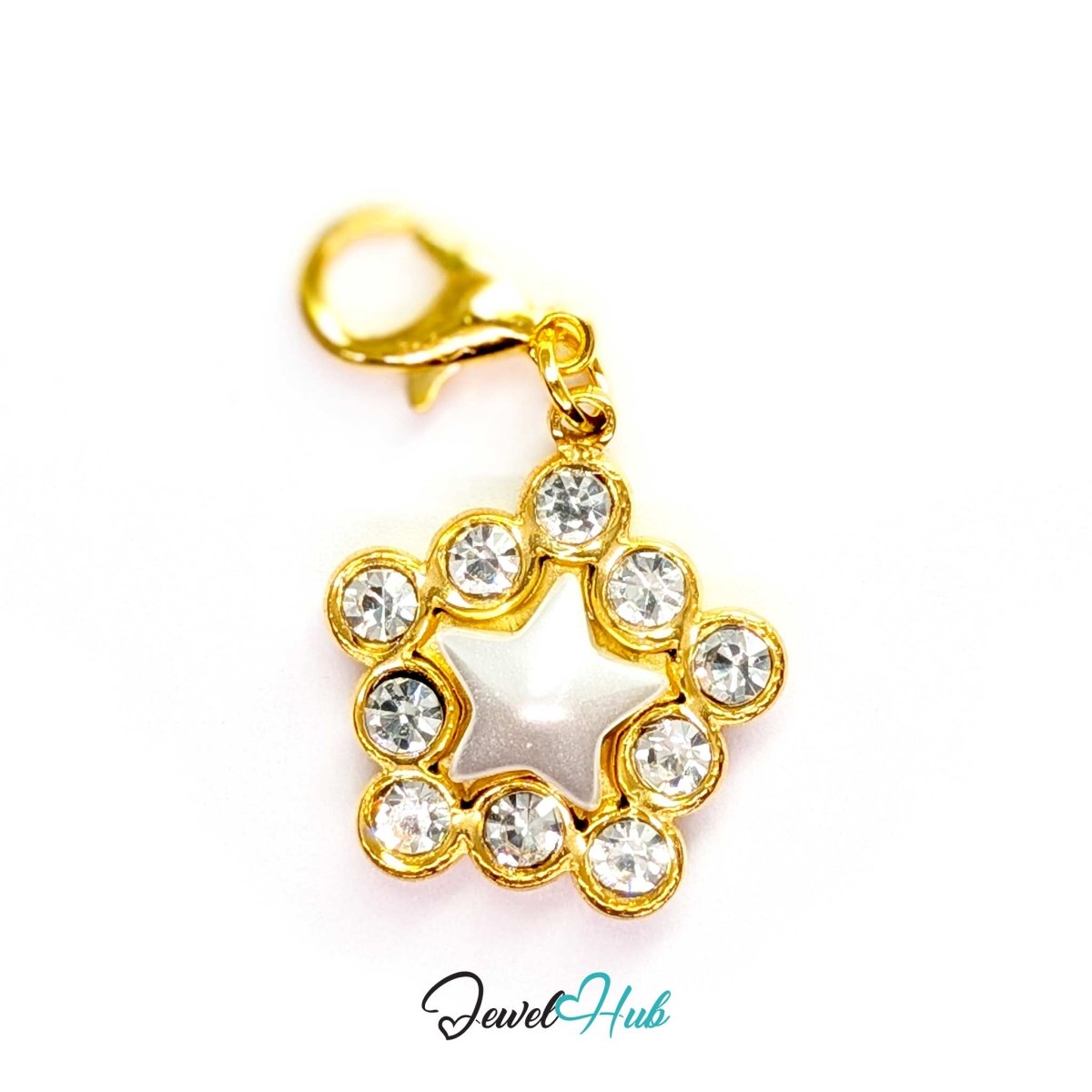 Pearl Star Halo Charm - Gold Stainless Steel 10 Crystals - 17x19.5mm