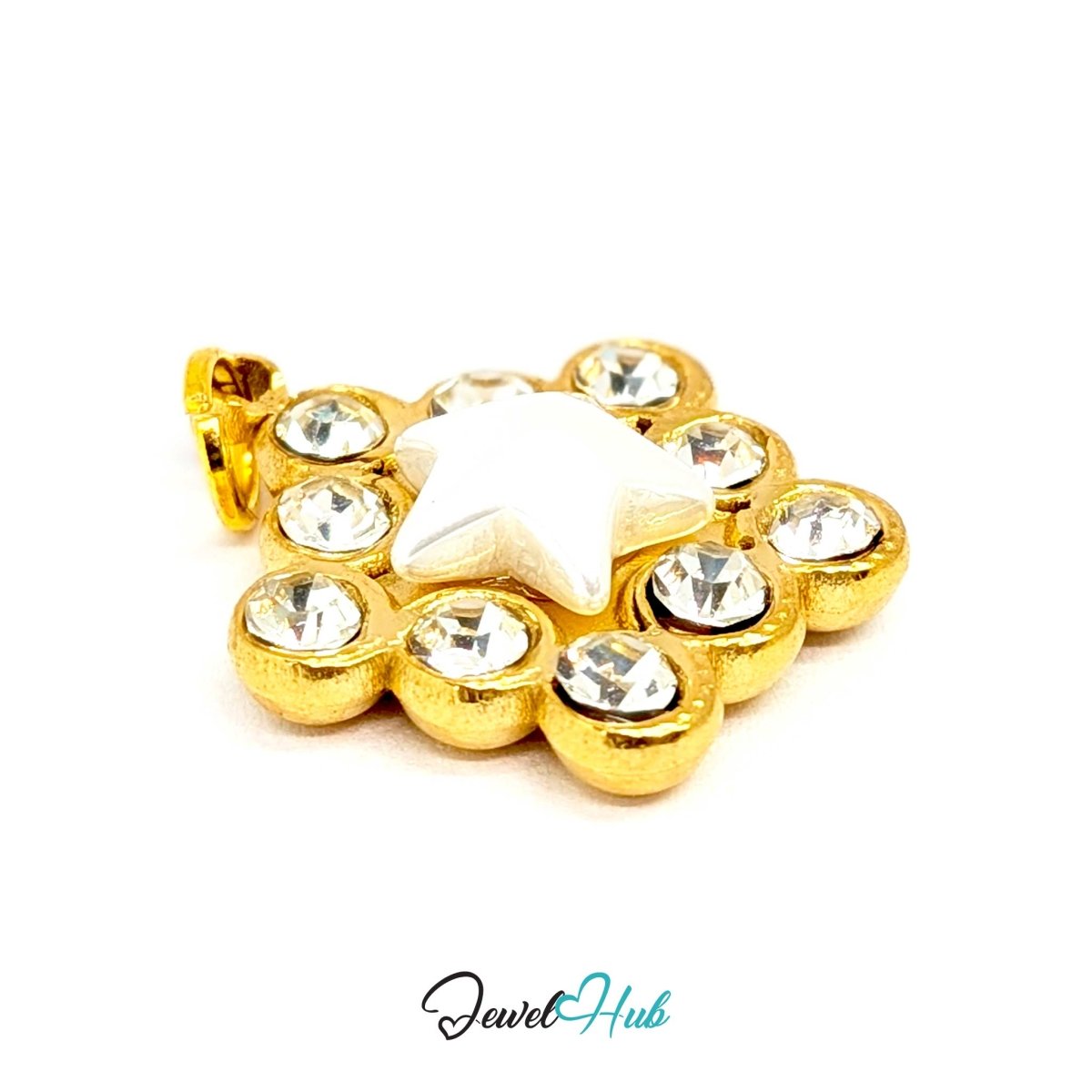 Pearl Star Halo Charm - Gold Stainless Steel 10 Crystals - 17x19.5mm