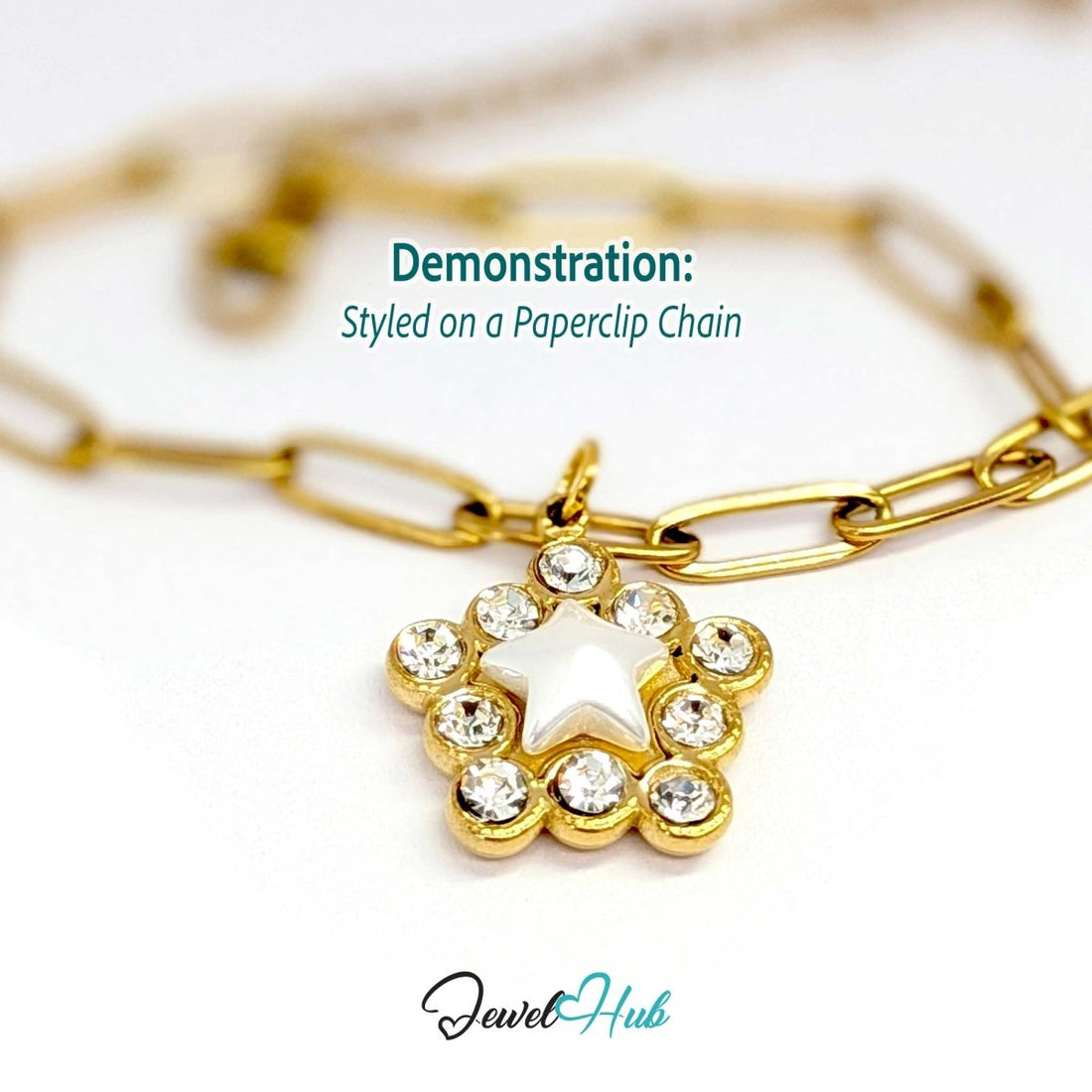 Pearl Star Halo Charm - Gold Stainless Steel 10 Crystals - 17x19.5mm