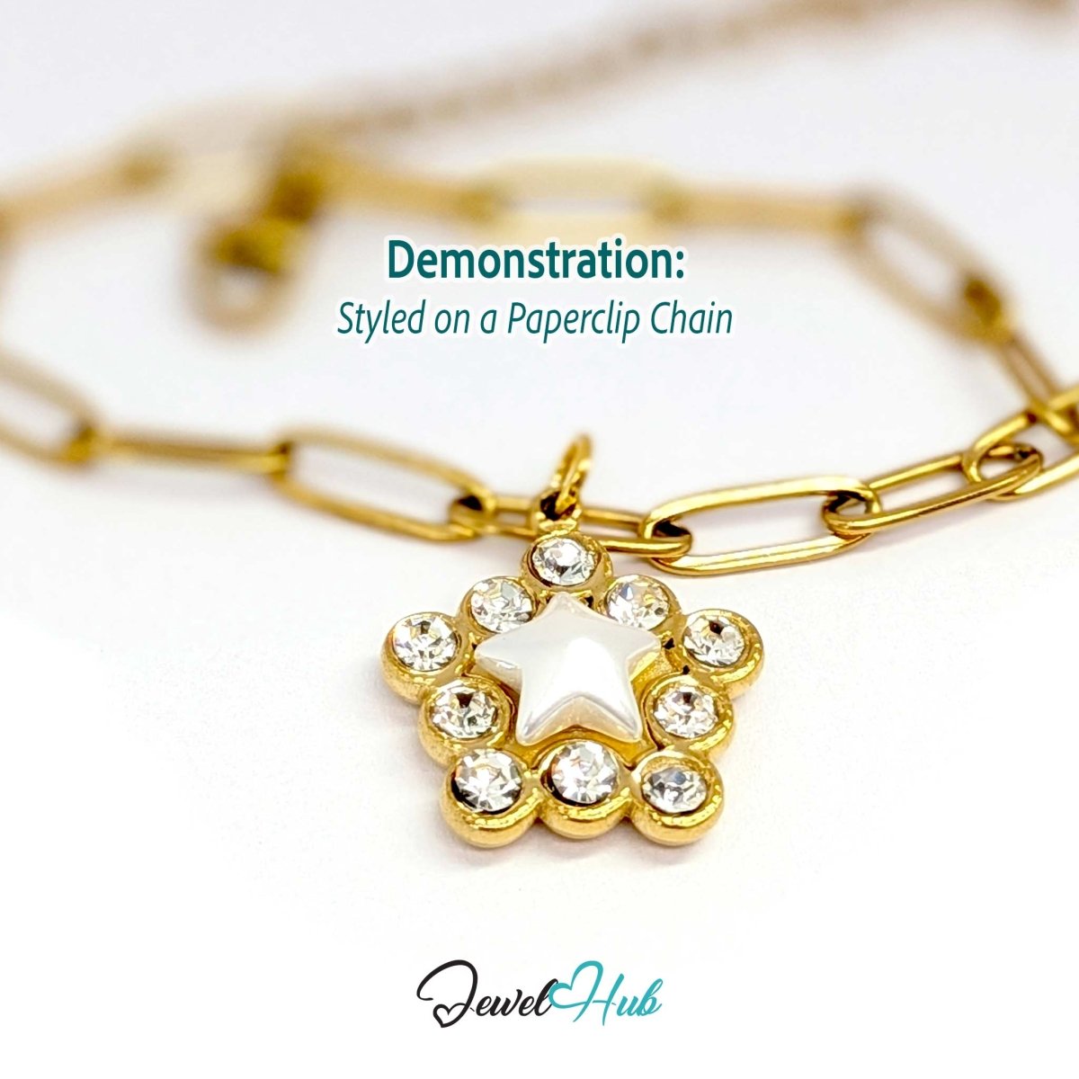 Pearl Star Halo Charm - Gold Stainless Steel 10 Crystals - 17x19.5mm