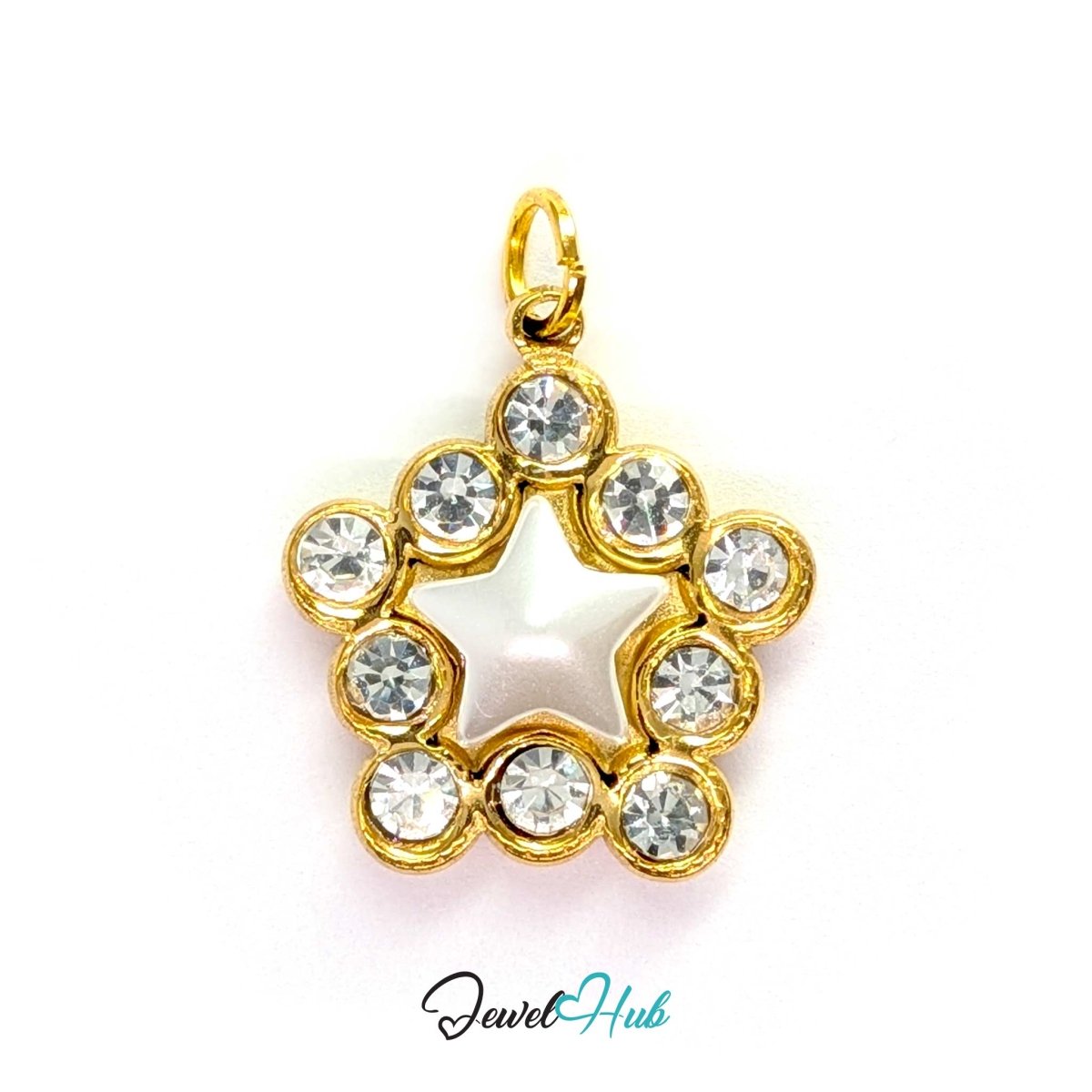 Pearl Star Halo Charm - Gold Stainless Steel 10 Crystals - 17x19.5mm