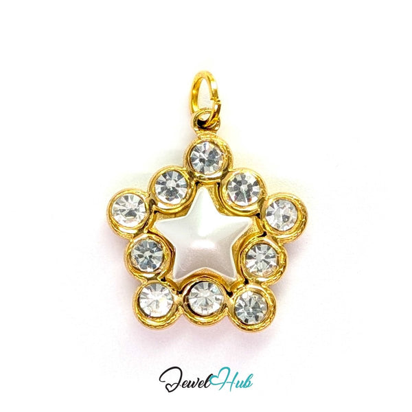 Pearl Star Halo Charm - Gold Stainless Steel 10 Crystals - 17x19.5mm