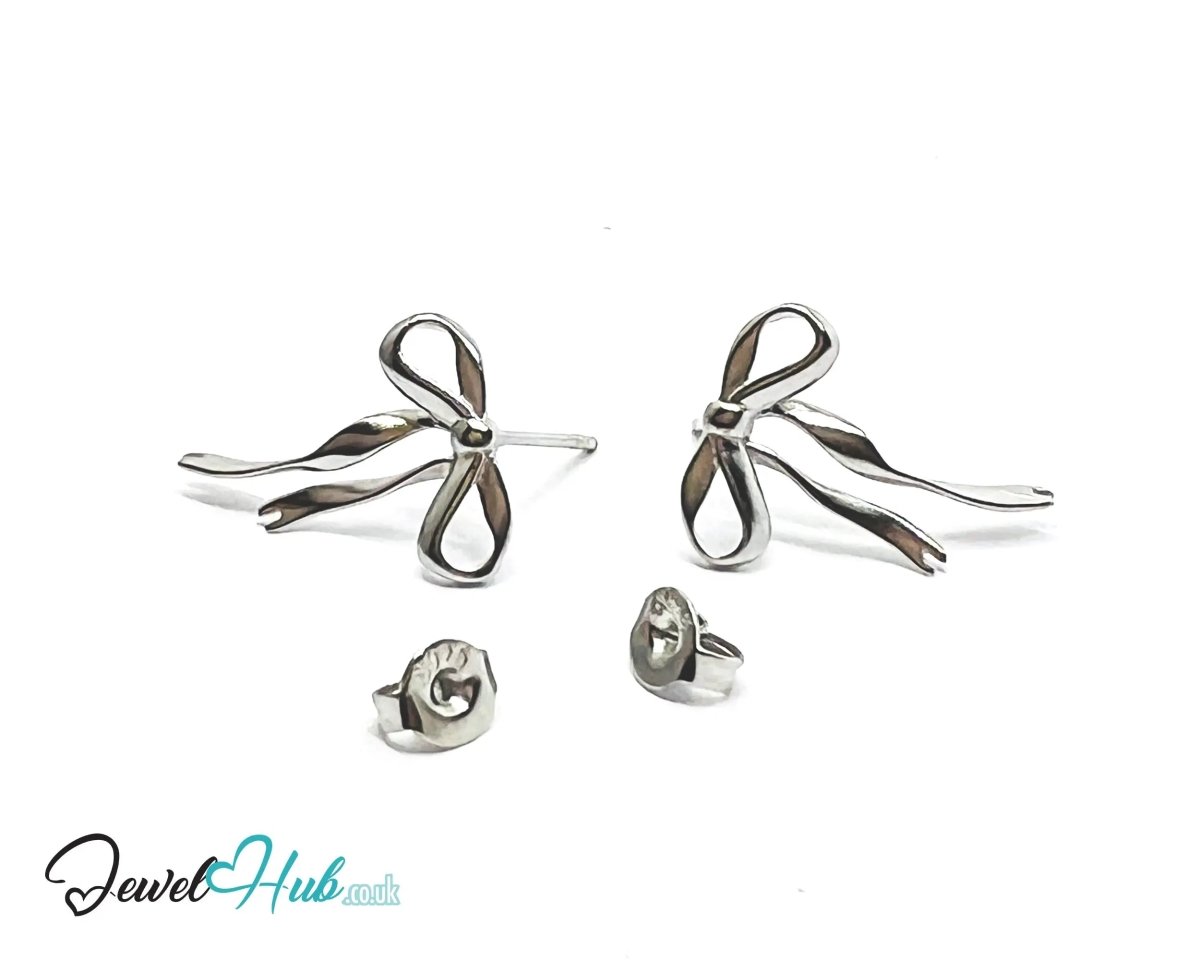 Petite Ribbon – 925 Sterling Silver Sculptural Bow Earrings (Lightweight · Extended Silhouette) - JewelHub.co.uk