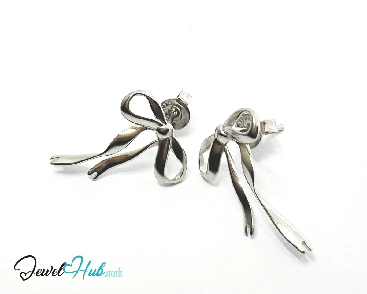 Petite Ribbon – 925 Sterling Silver Sculptural Bow Earrings (Lightweight · Extended Silhouette) - JewelHub.co.uk