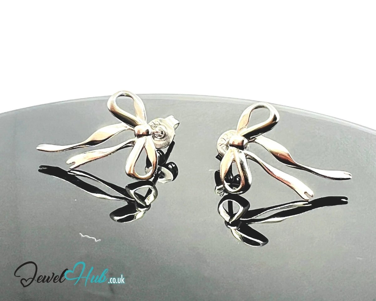 Petite Ribbon – 925 Sterling Silver Sculptural Bow Earrings (Lightweight · Extended Silhouette) - JewelHub.co.uk