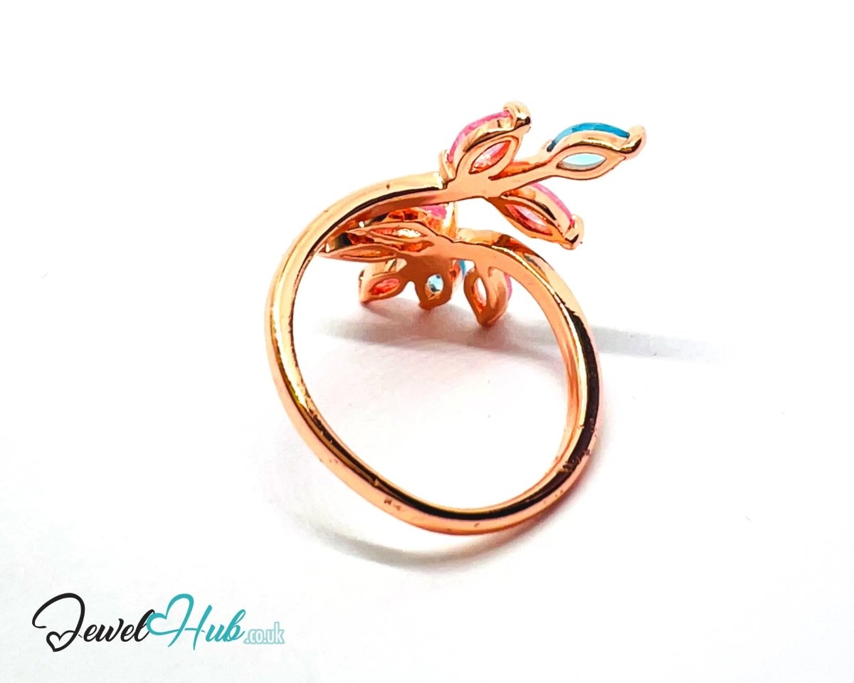 Premium Copper 🔱 Blossom Harmony Ring · Rose Gold K Plated · Adjustable (M/N/O/P) · Pink & Blue Synthetic Gems - JewelHub.co.uk
