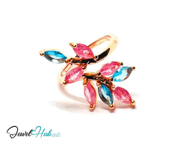 Premium Copper 🔱 Blossom Harmony Ring · Rose Gold K Plated · Adjustable (M/N/O/P) · Pink & Blue Synthetic Gems - JewelHub.co.uk