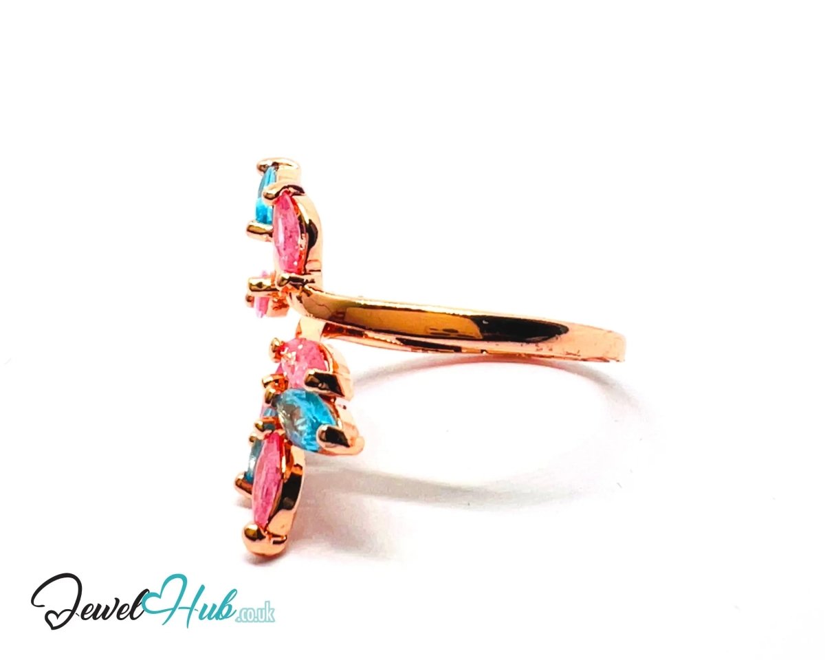 Premium Copper 🔱 Blossom Harmony Ring · Rose Gold K Plated · Adjustable (M/N/O/P) · Pink & Blue Synthetic Gems - JewelHub.co.uk