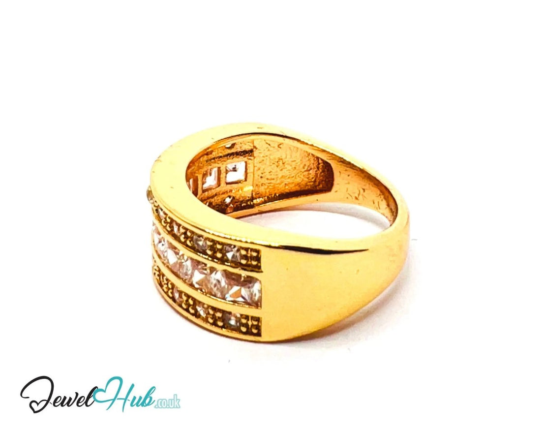 Premium Copper ✨ Golden Grid Ring · Gold K Plated · UK O · US 7.5 · Pavé Diamond Pattern · Luxe Mini Statement - JewelHub.co.uk