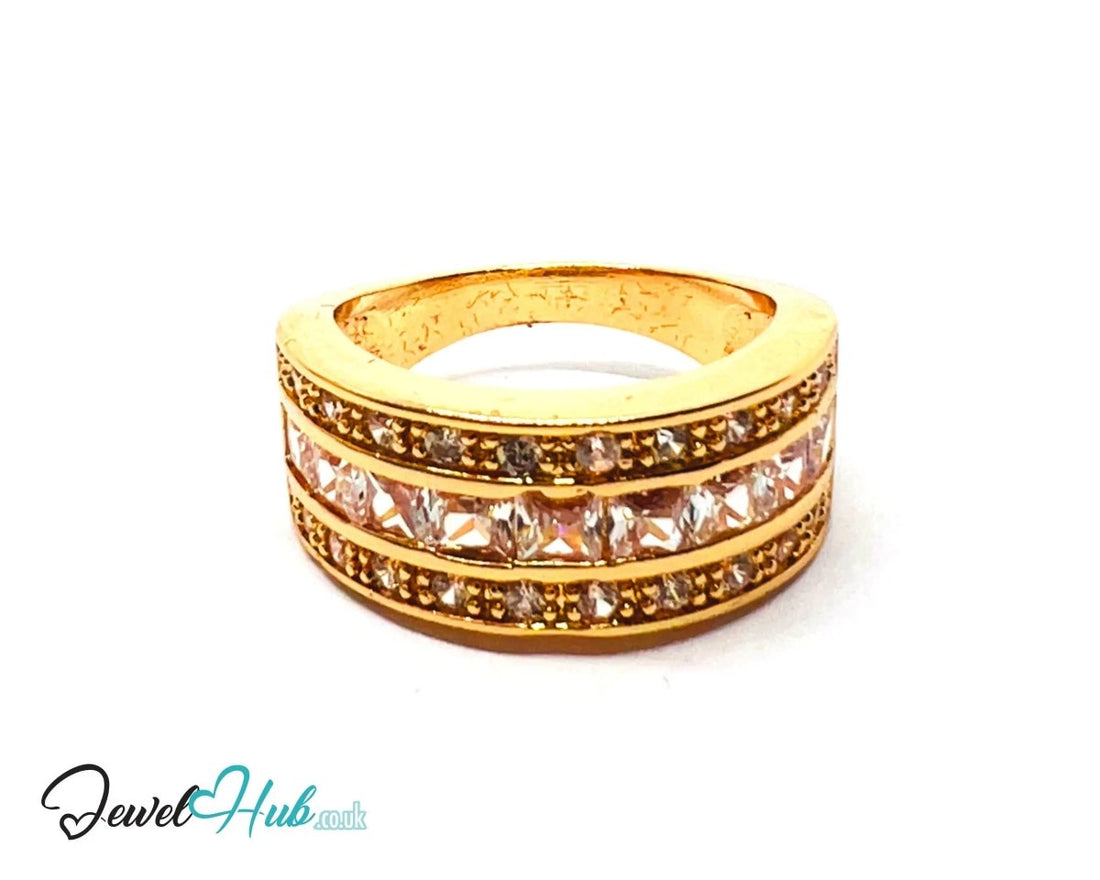 Premium Copper ✨ Golden Grid Ring · Gold K Plated · UK O · US 7.5 · Pavé Diamond Pattern · Luxe Mini Statement - JewelHub.co.uk