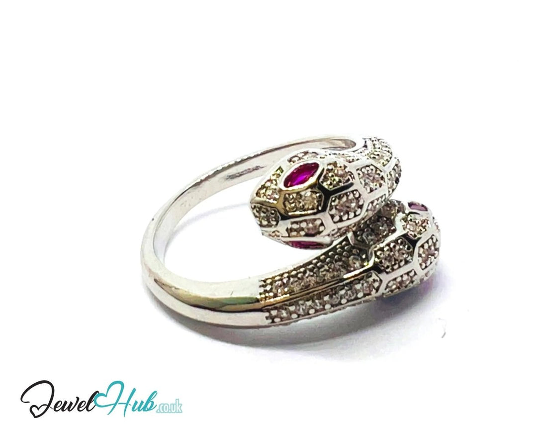 Premium Copper 🔱 White Snake Pavé Ring · Silver Plated · Adjustable (M/N/O/P) · Ruby Eyes + Zirconia Pavé - JewelHub.co.uk