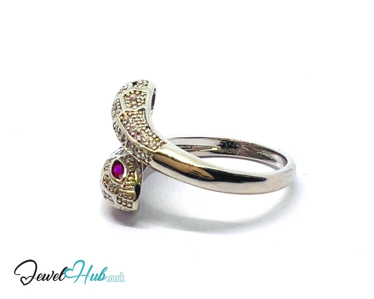 Premium Copper 🔱 White Snake Pavé Ring · Silver Plated · Adjustable (M/N/O/P) · Ruby Eyes + Zirconia Pavé - JewelHub.co.uk