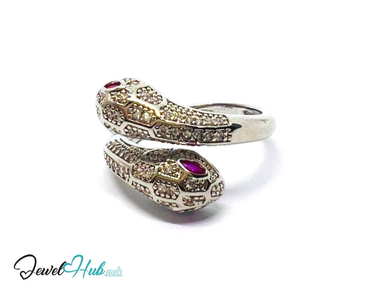 Premium Copper 🔱 White Snake Pavé Ring · Silver Plated · Adjustable (M/N/O/P) · Ruby Eyes + Zirconia Pavé - JewelHub.co.uk