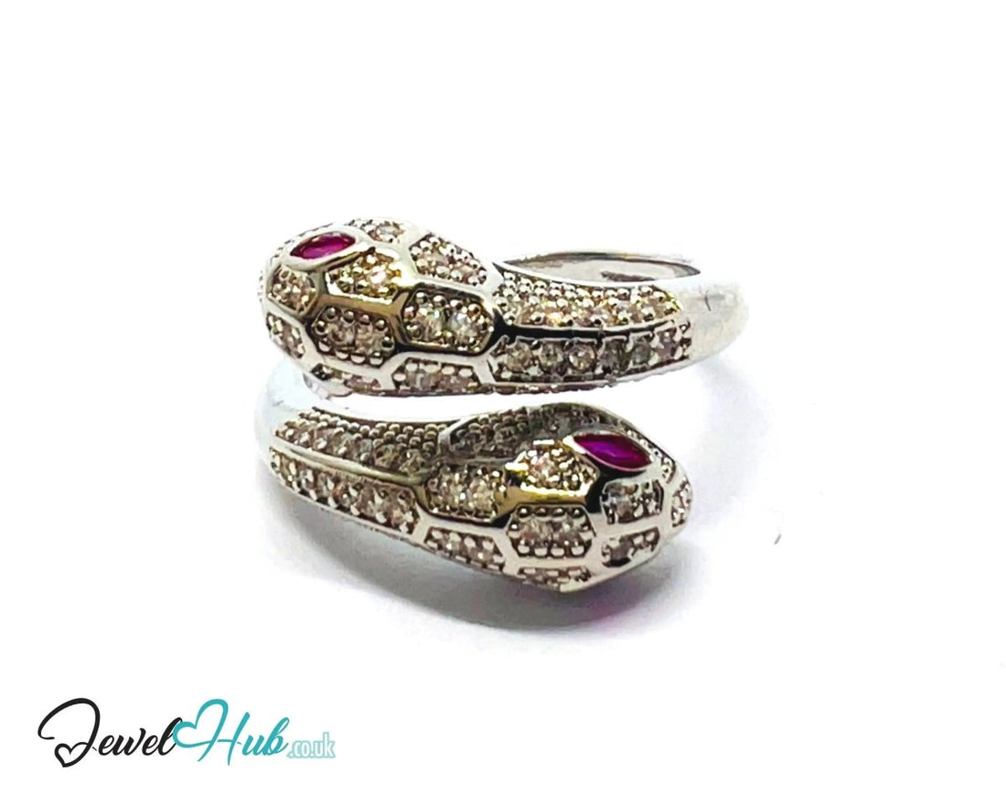 Premium Copper 🔱 White Snake Pavé Ring · Silver Plated · Adjustable (M/N/O/P) · Ruby Eyes + Zirconia Pavé - JewelHub.co.uk