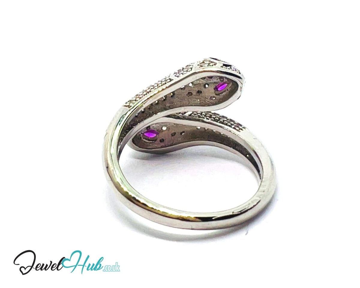 Premium Copper 🔱 White Snake Pavé Ring · Silver Plated · Adjustable (M/N/O/P) · Ruby Eyes + Zirconia Pavé - JewelHub.co.uk