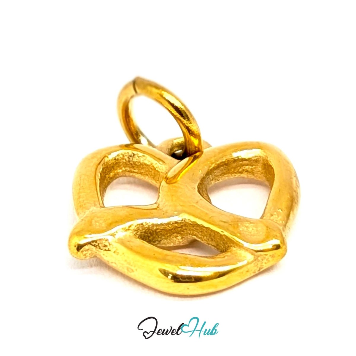 Openwork pretzel charm in gold stainless steel - turned to show depth - JewelHub
