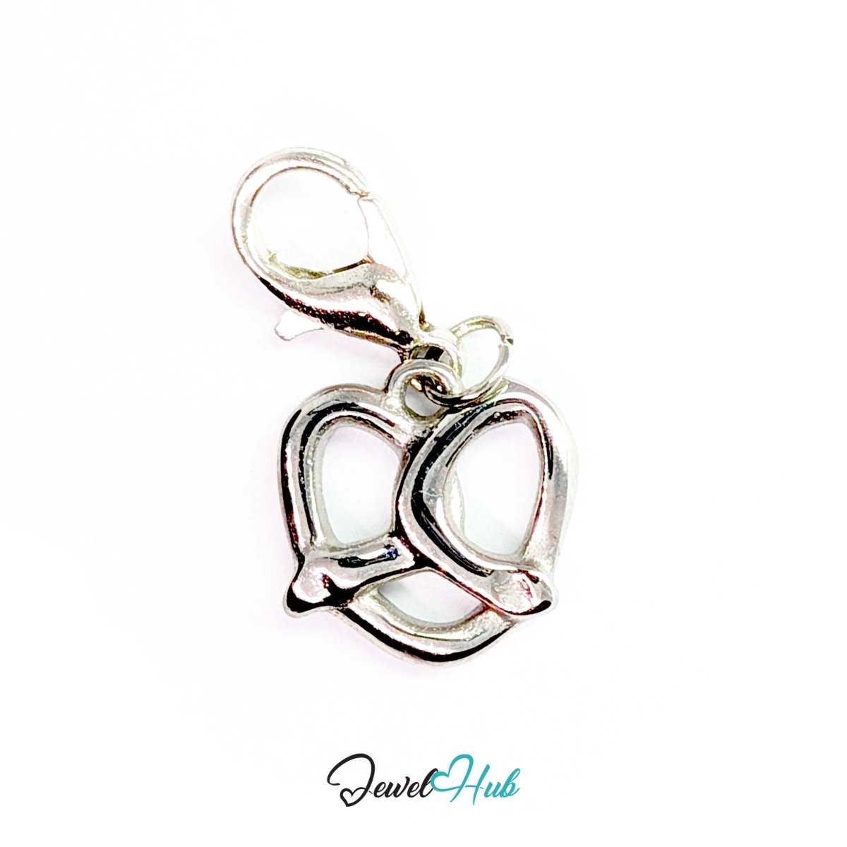 Openwork pretzel charm in silver stainless steel - shown with the lobster clasp attached - JewelHub