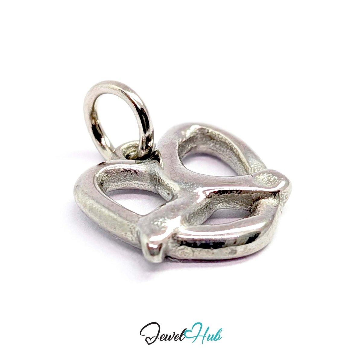 Openwork pretzel charm in silver stainless steel - turned to show depth - JewelHub
