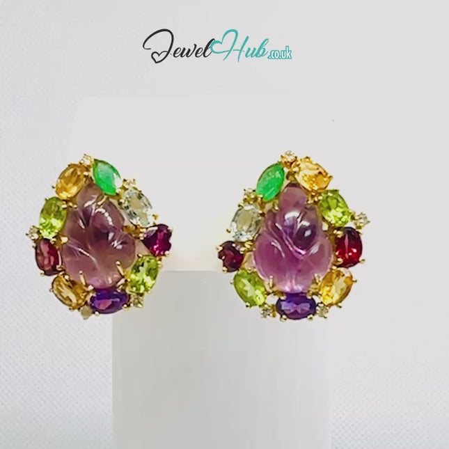 18k (750) Solid Gold Leaf Shape Amethyst multi-color Gemstones (15 pcs) Elegant Earrings